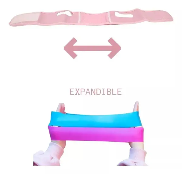 Faja facial reductor de papada expandible, mostrando ajuste en rosa y bandas elásticas en azul y rosa.