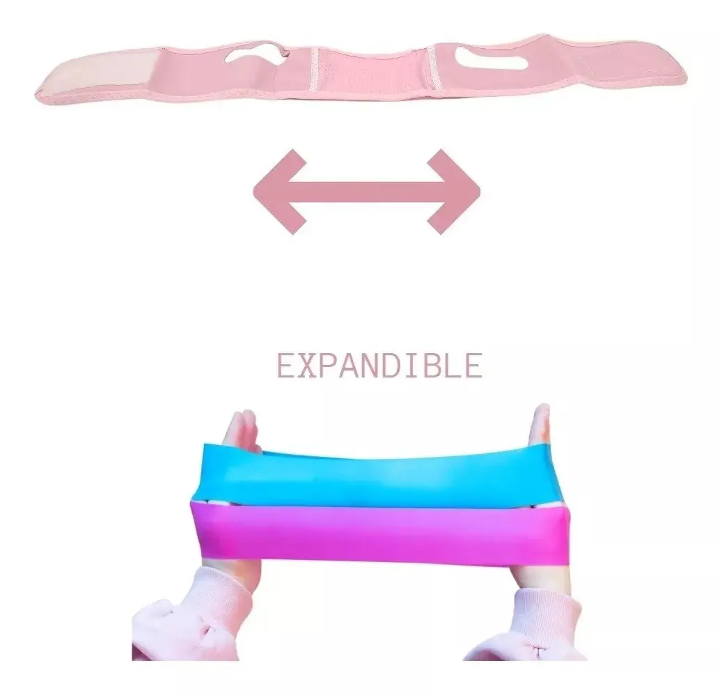 Faja facial reductor de papada expandible, mostrando ajuste en rosa y bandas elásticas en azul y rosa.