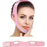 Faja facial reductora de papada en color rosa, para realzar el rostro.