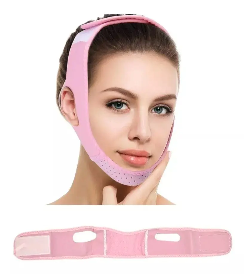 Faja facial reductora de papada en color rosa, para realzar el rostro.