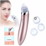 Extractor de puntos negros y espinillas rosa con accesorios transparentes y demostración de uso en piel.