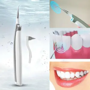 Removedor eléctrico sónico de placa dental en acción, limpiando dientes y mostrando una sonrisa saludable.