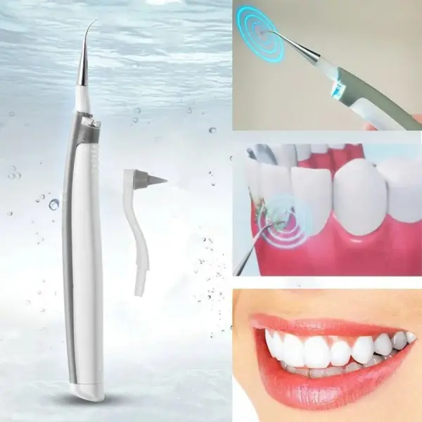 Removedor eléctrico sónico de placa dental en acción, limpiando dientes y mostrando una sonrisa saludable.