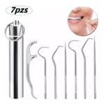 Kit de limpieza dental de acero inoxidable con 7 piezas, incluyendo hilo dental y raspadores.