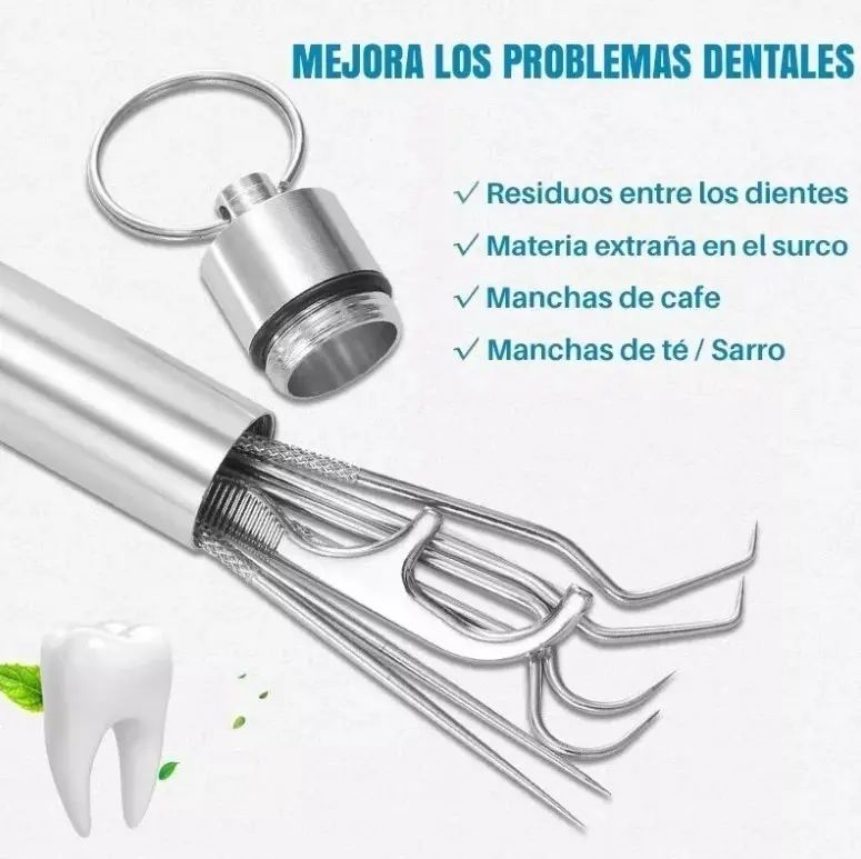 Kit de limpieza dental de acero inoxidable con palillos para eliminar residuos, sarro y manchas.