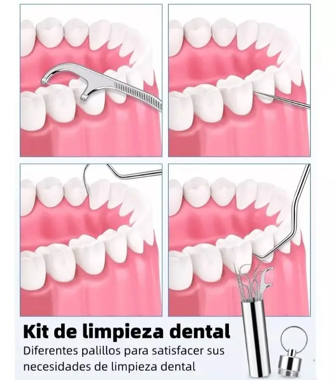 Kit de limpieza dental con palillos de acero para higiene bucal, mostrando diferentes herramientas para dientes.