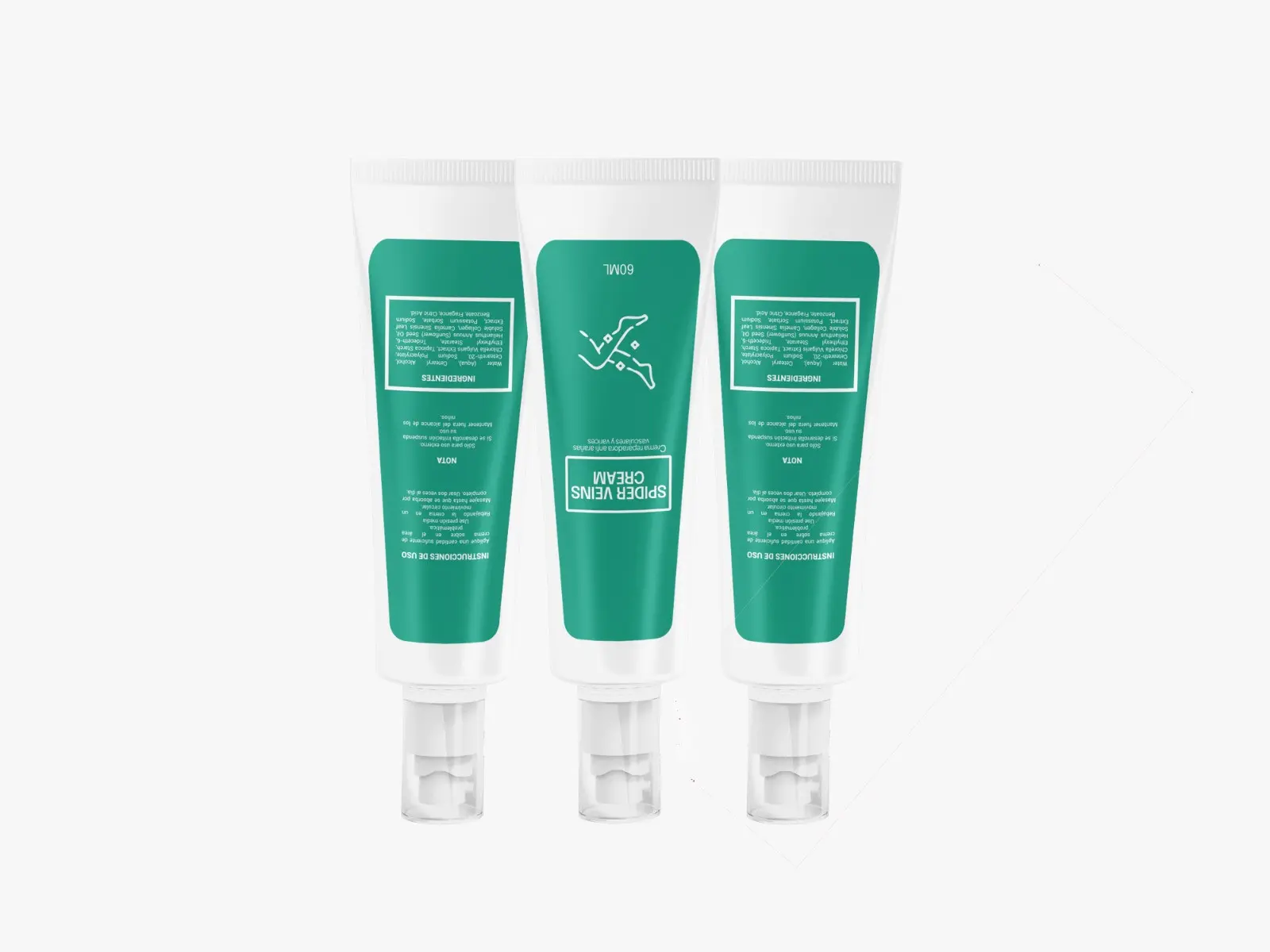 Crema para várices y arañas vasculares, envase con instrucciones y componentes.