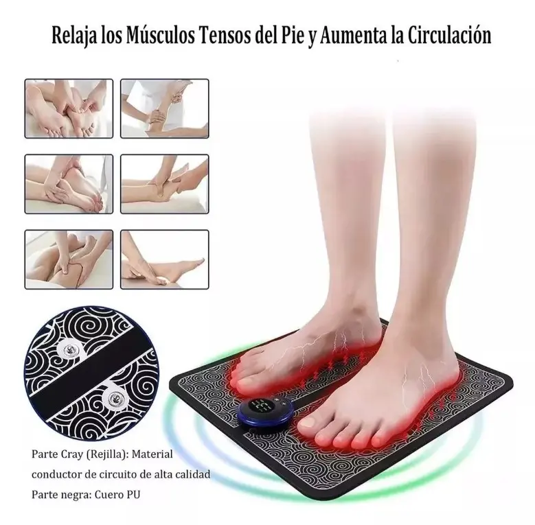 Masajeador de pies eléctrico con electrodos y 6 modos de masaje para relajar músculos tensos.