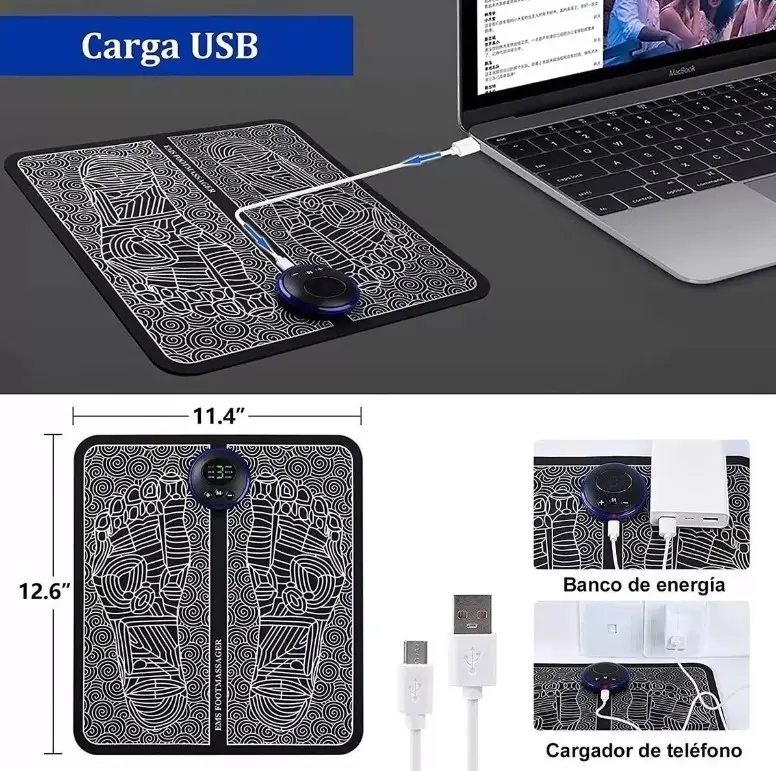 Masajeador de pies EMS con carga USB, pantalla digital y cable, ideal para relajación.