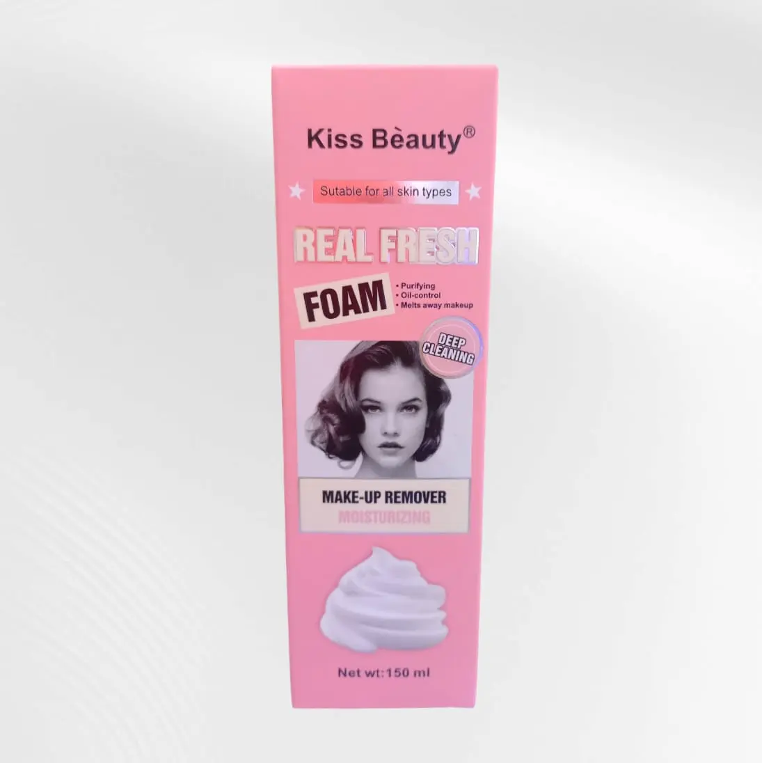 Espuma removedora de maquillaje Kiss Beauty hidratante y purificante, ideal para todo tipo de piel.