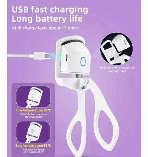 Rizador de pestañas eléctrico con carga USB, dos temperaturas, cabezal reemplazable.