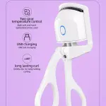Rizador de pestañas eléctrico blanco con dos temperaturas y carga USB para un rizado duradero.
