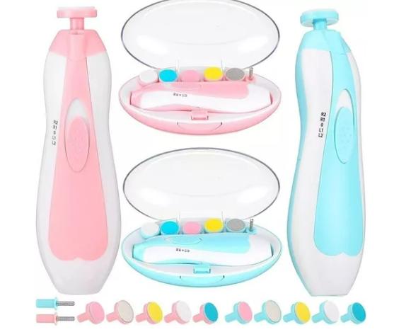 Lima eléctrica para uñas de bebé, rosa y azul, con 6 cabezales de pulido para recién nacidos.