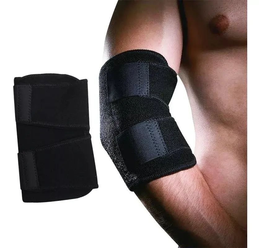 Codera deportiva ajustable para el codo con correas de velcro, ideal para aliviar dolor y soporte.