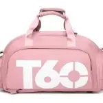 Maleta impermeable deportiva rosa con logo T60, ideal para gimnasio y viajes.