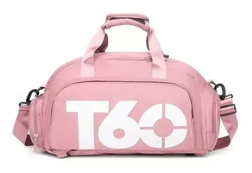 Maleta impermeable deportiva rosa con logo T60, ideal para gimnasio y viajes.