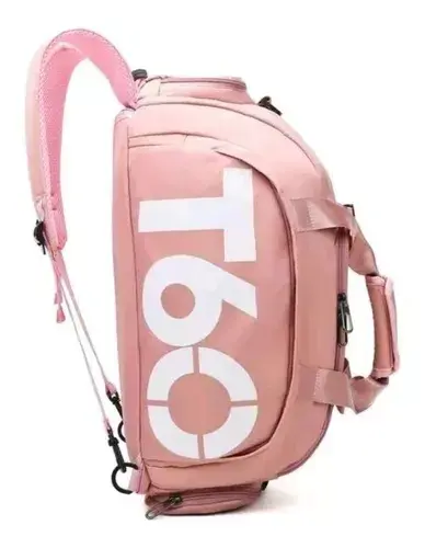Maleta impermeable para gimnasio color rosa con logo T60, diseño moderno y funcional.