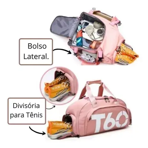 Maleta impermeable rosada de gimnasio con compartimento para tenis y detalles de marca T60.