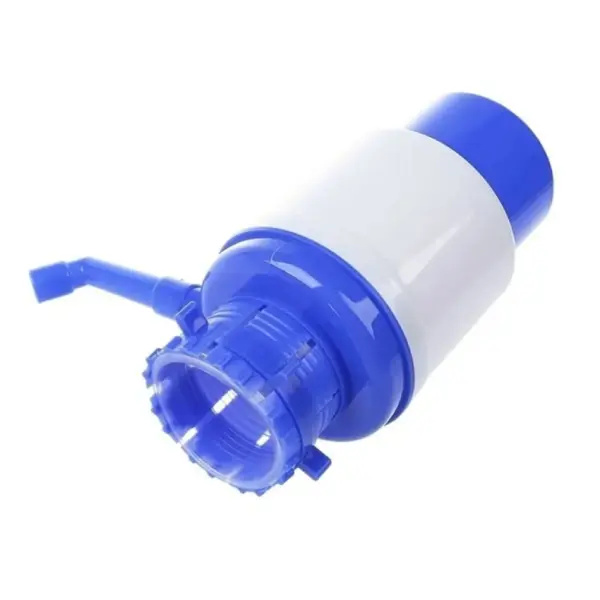 Bomba manual para dispensador de agua, con tubo surtidor azul y cuerpo blanco.