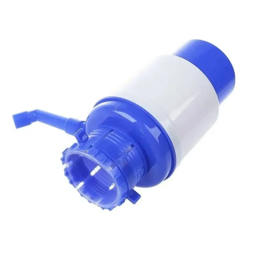 Bomba manual para dispensador de agua, con tubo surtidor azul y cuerpo blanco.