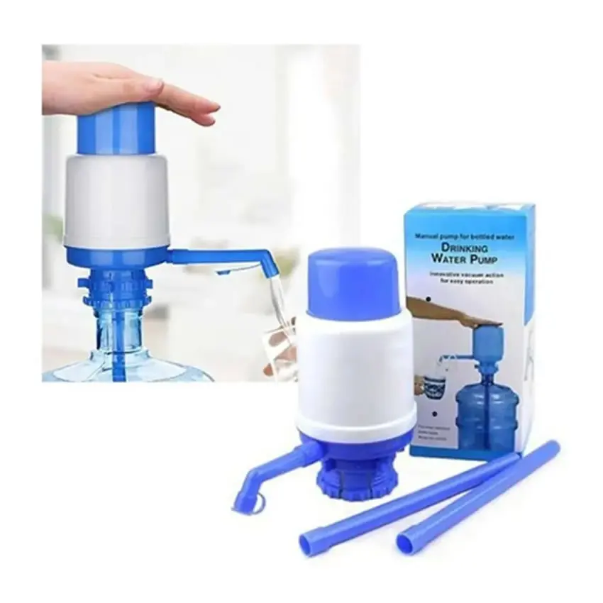 Dispensador de agua manual para botellón, bomba azul y blanca, ideal para fácil operación.