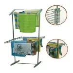 Tendedero plegable de 2 niveles con ropa colgada, ideal para secar prendas.