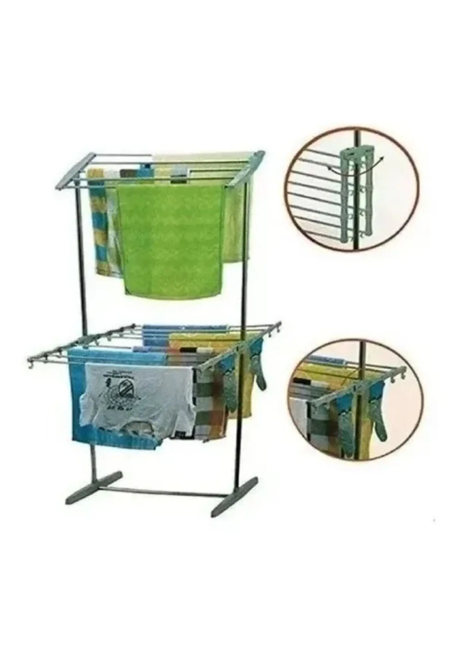 Tendedero plegable de 2 niveles con ropa colgada, ideal para secar prendas.
