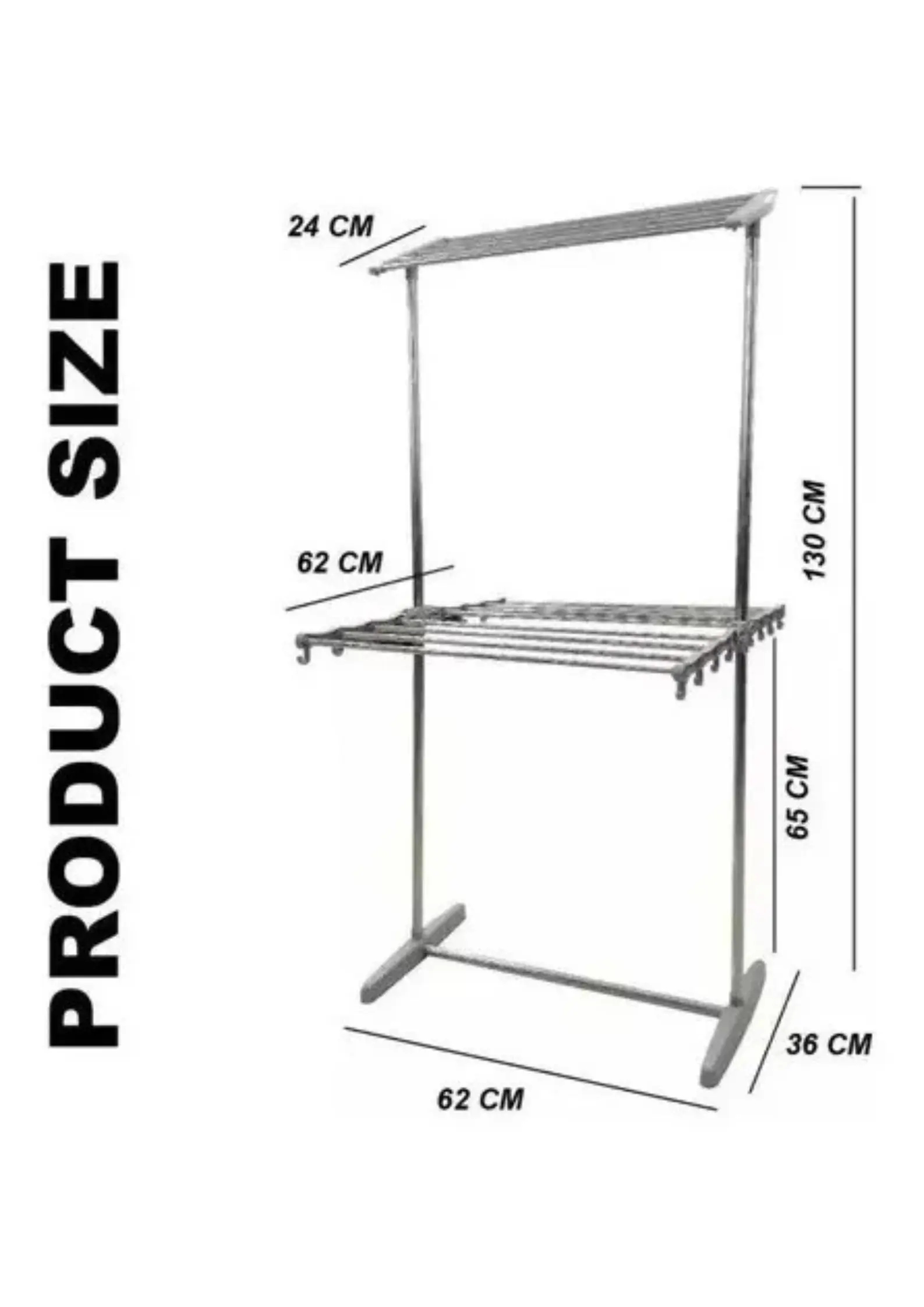 Tendedero multifuncional plegable de 130 cm de alto, 62 cm de ancho y 24 cm de profundidad.