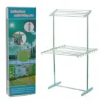 Tendedero de ropa multifuncional plegable con dos niveles y estructura metálica resistente.