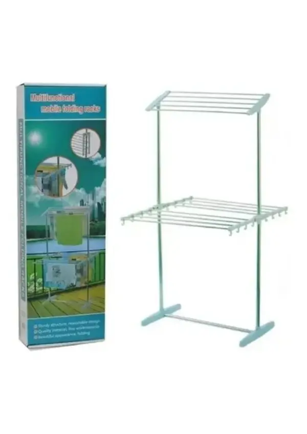 Tendedero de ropa multifuncional plegable con dos niveles y estructura metálica resistente.