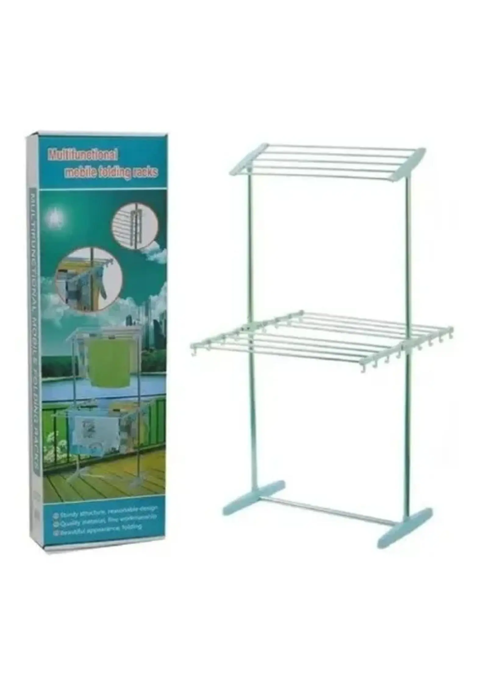 Tendedero de ropa multifuncional plegable con dos niveles y estructura metálica resistente.