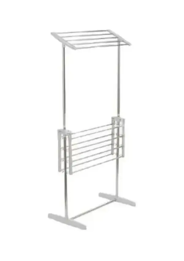 Tendedero de ropa multifuncional plegable de metal con dos niveles para secar prendas al aire.