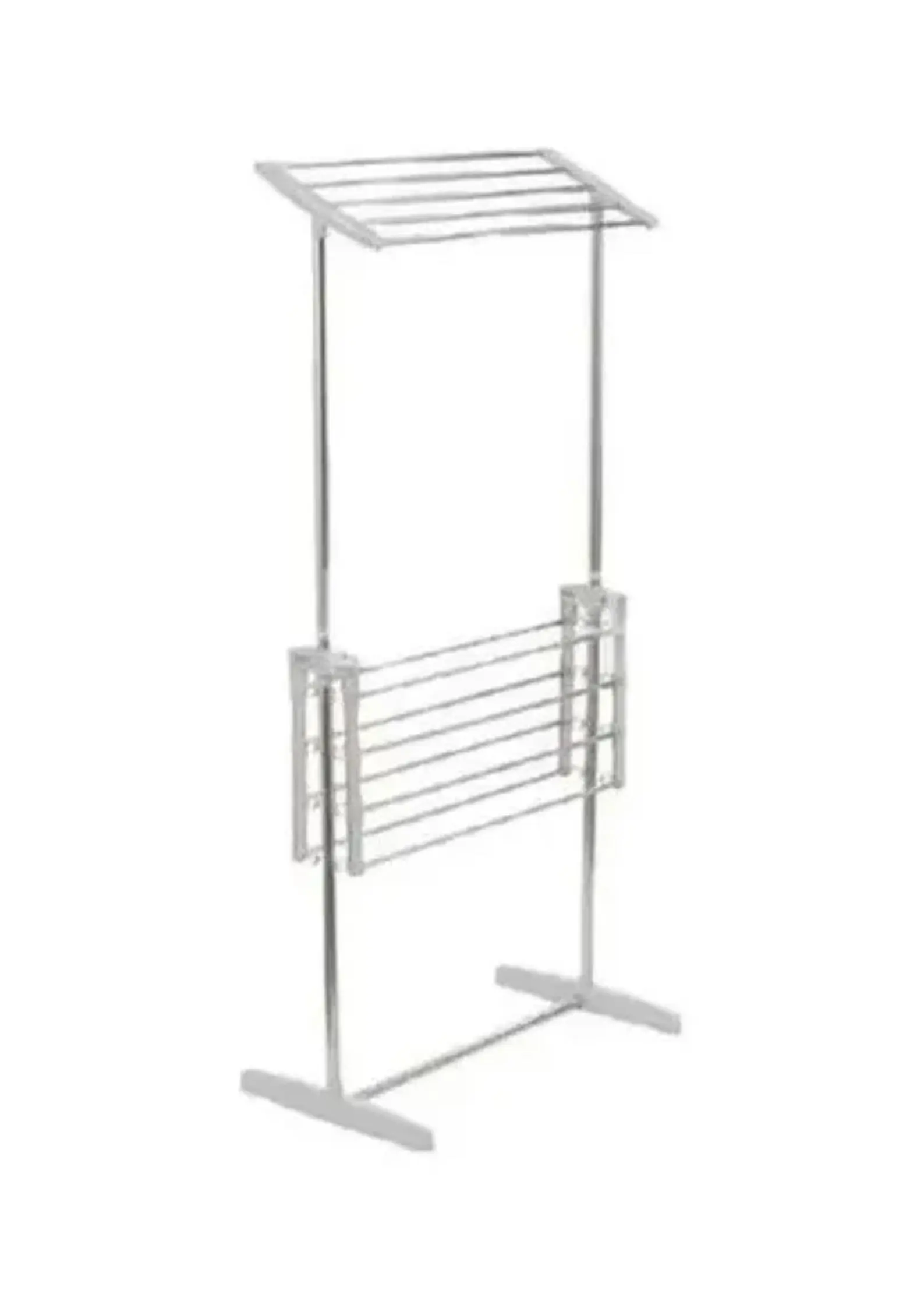 Tendedero de ropa multifuncional plegable de metal con dos niveles para secar prendas al aire.