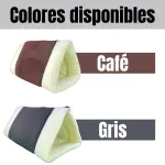 Cama 2 en 1 para gato en colores café y gris, diseño plegable y cómodo.