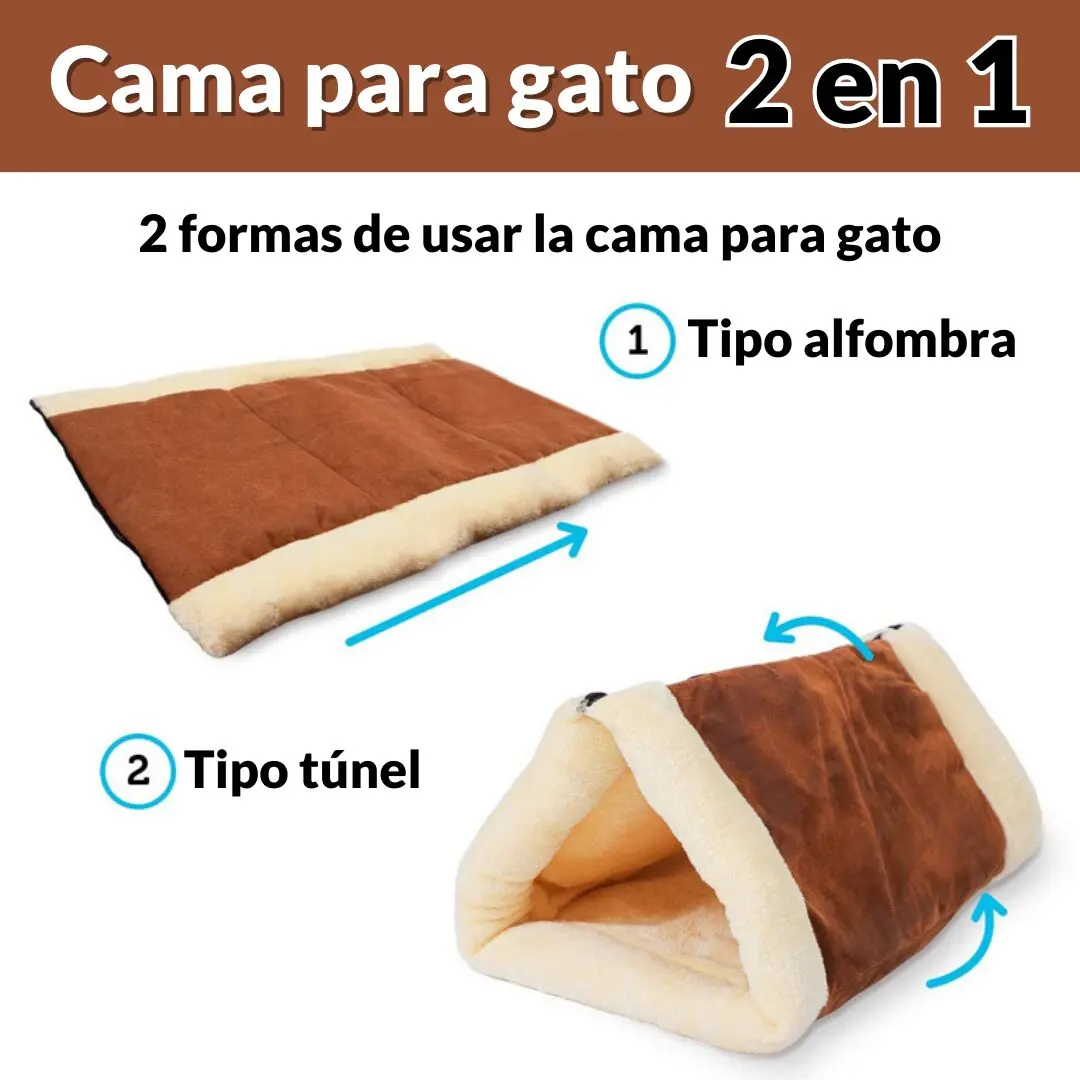 Cama 2 en 1 para gato, funcional como alfombra o túnel acogedor para mascotas.