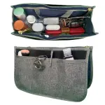 Organizador de bolso gris para dama con compartimentos para cosméticos y llaves.