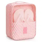 Bolso de viaje portátil a rayas rosas y blancas con compartimento transparente para zapatos y ropa.