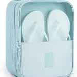 Bolso de viaje portátil color azul claro para zapatos y ropa, con compartimento de malla transparente.