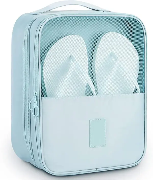 Bolso de viaje portátil color azul claro para zapatos y ropa, con compartimento de malla transparente.