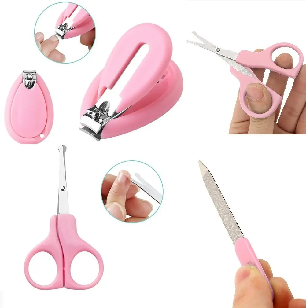 Set de manicura para bebés de 4 piezas con cortaúñas, tijeras y lima rosados.