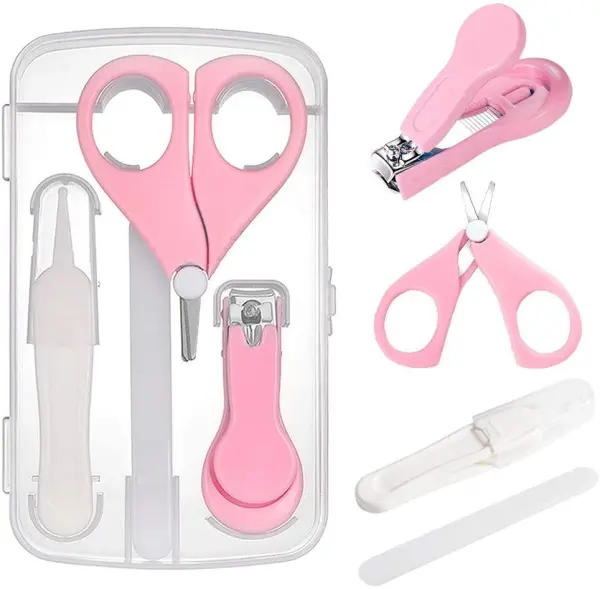 Set de manicura para bebé de 4 piezas rosa con tijeras, cortaúñas y lima.