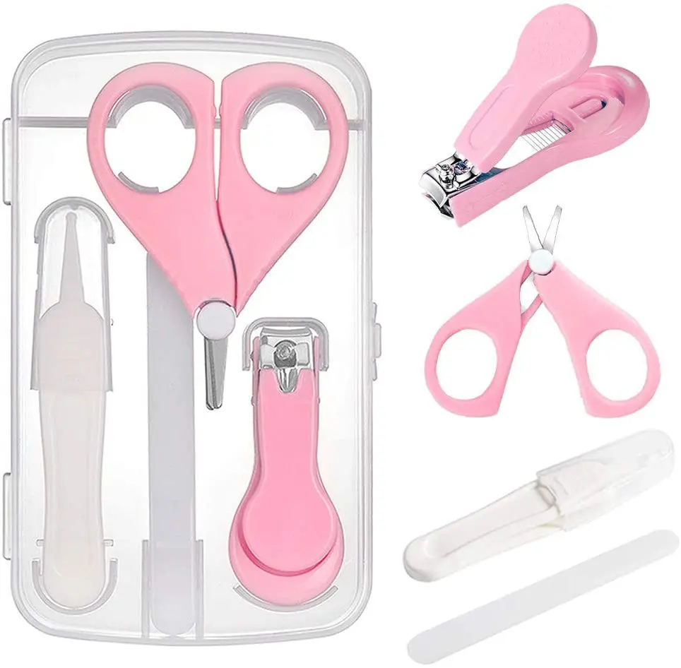Set de manicura para bebé de 4 piezas rosa con tijeras, cortaúñas y lima.