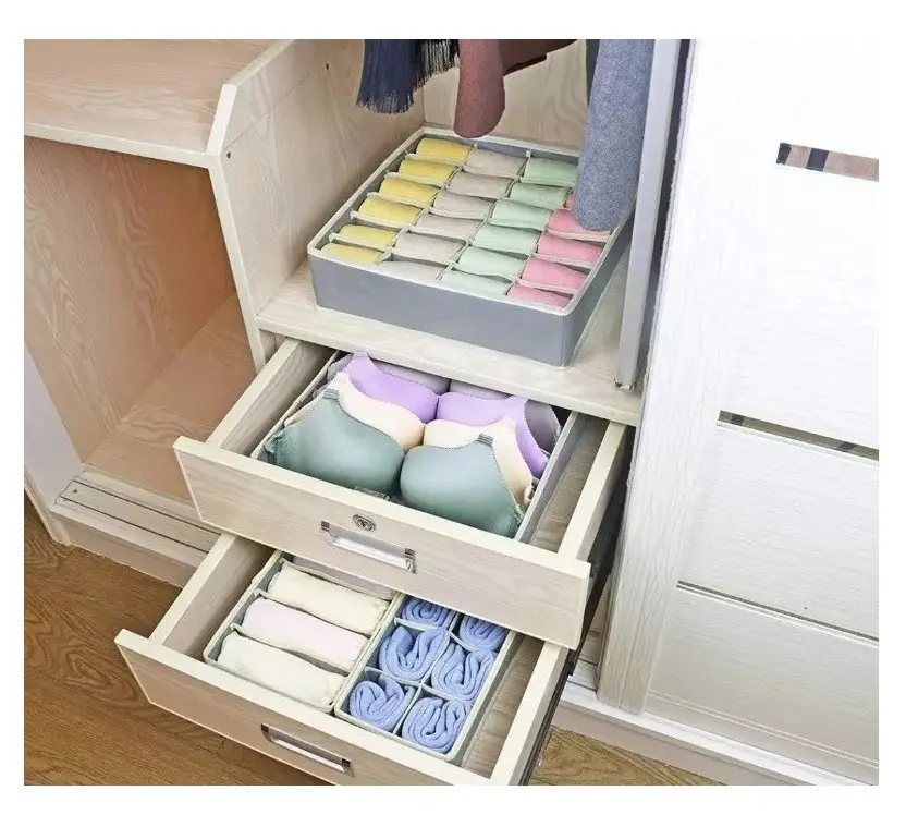Organizador de ropa interior y medias, cajones con divisores de tela para brasieres, calcetines y ropa interior.