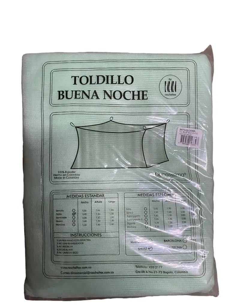Toldillo mosquitero para cama "Buena Noche" Rascheltex, 100% poliéster, hecho en Colombia.