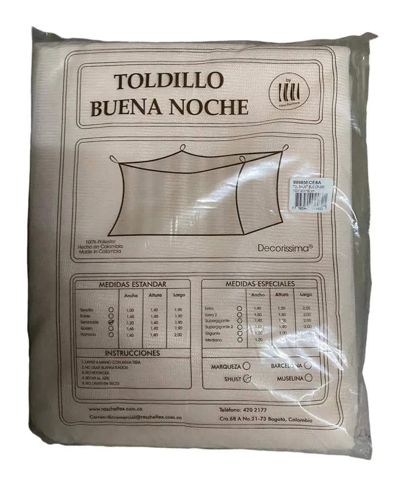 Toldillo mosquitero Buena Noche para cama doble, fabricado en poliéster 100% en Colombia.