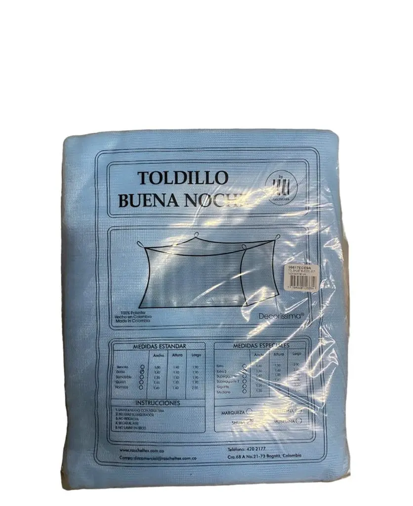 Toldillo mosquitero azul claro para cama, marca Decorissima, con medidas estándar y especiales impresas en el empaque.