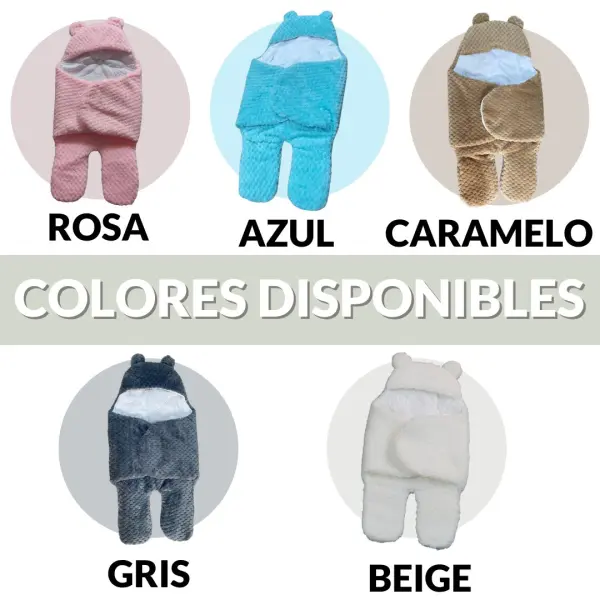 Cobija para bebé con diseño de oso en varios colores: rosa, azul, caramelo, gris y beige.
