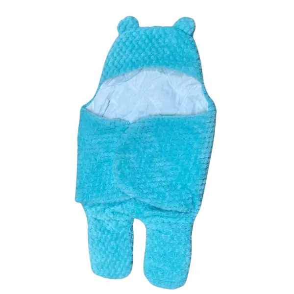 Cobertor de bebé azul con forma de osito, suave y con capota, ideal para el descanso.