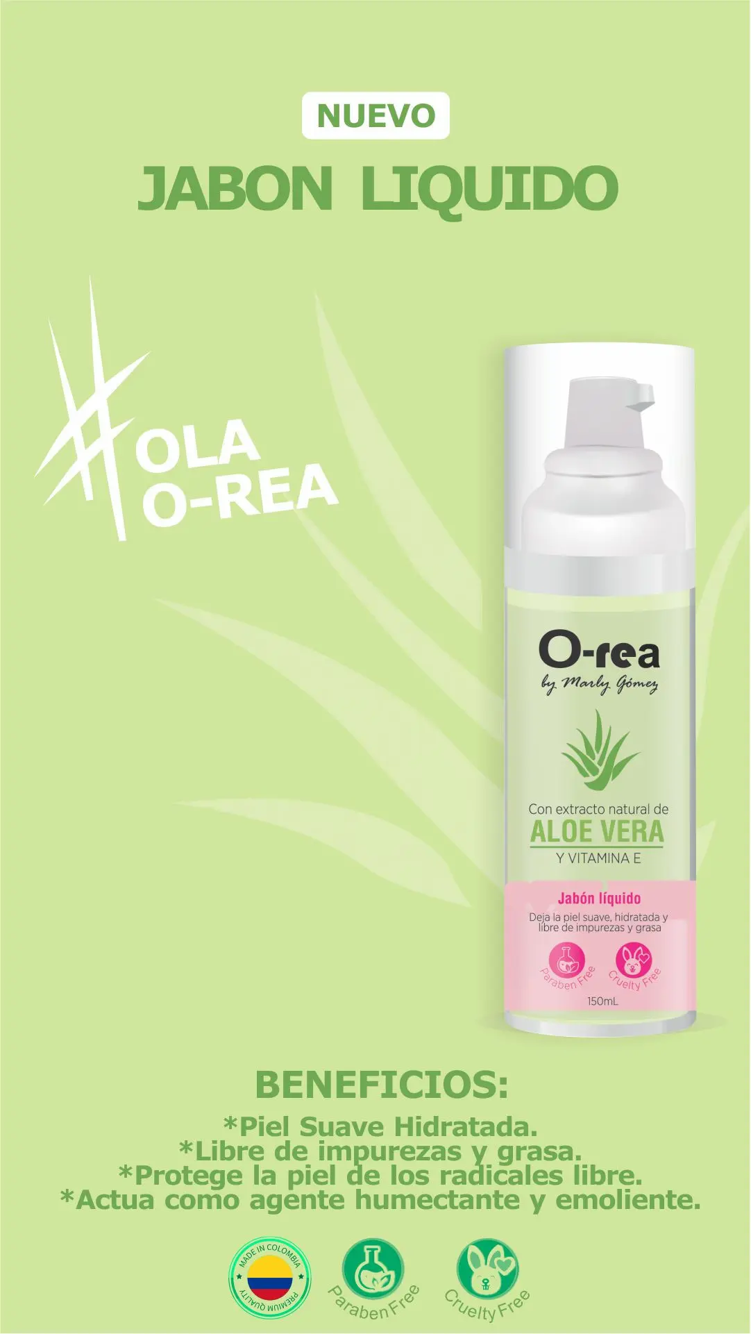 Jabón líquido facial O-rea Aloe Vera y Vitamina E, deja la piel suave e hidratada.