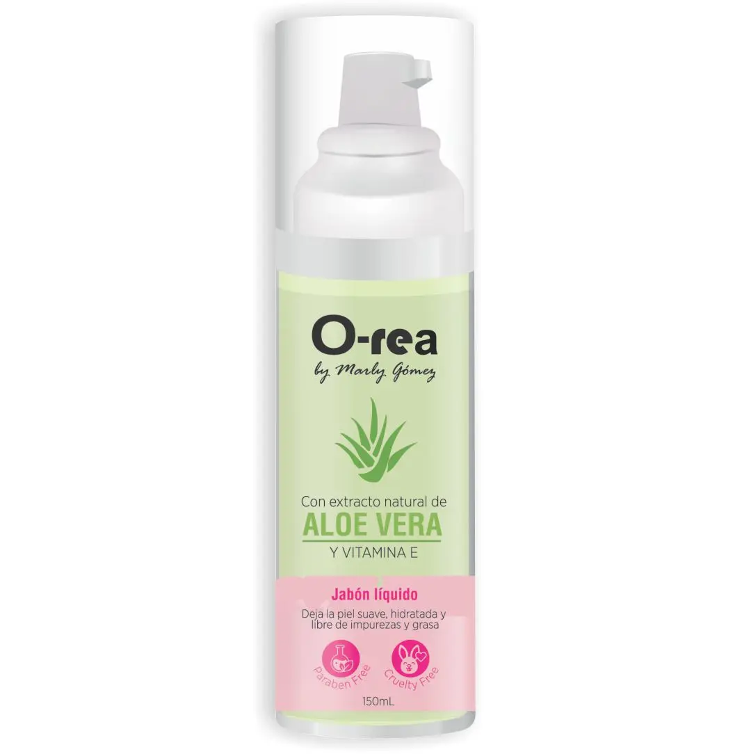 Jabón facial O-rea Aloe Vera y Vitamina E, líquido, 150ml, libre de parabenos y cruelty free.